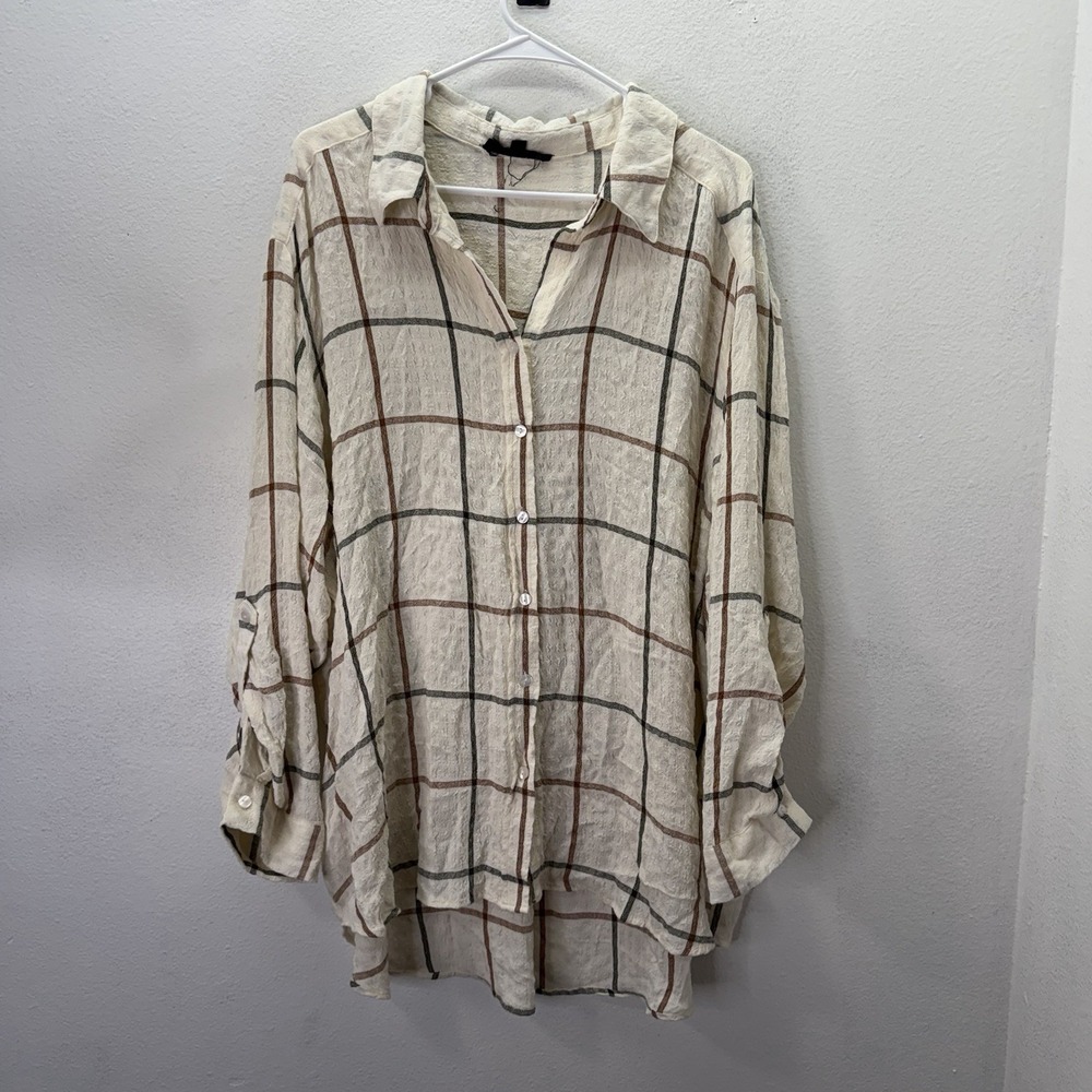 Jane + Delancey Women's Cream Plaid Stretch Flannel Western Tunic Blouse Sz 2XL